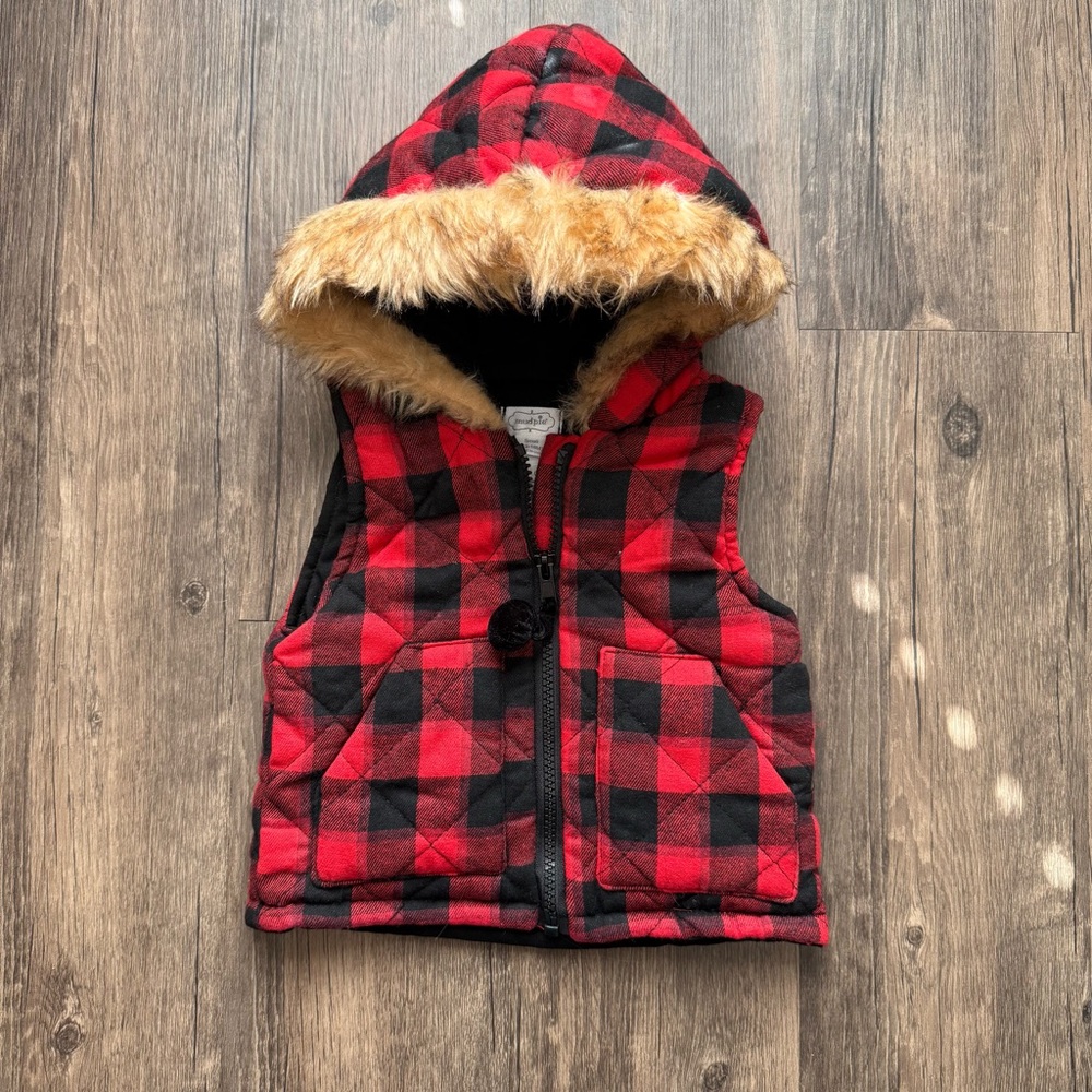 NWT Mud Pie Red‎ Black Buffalo Plaid Faux Fur Hooded Quilted Vest Baby 12-18M
